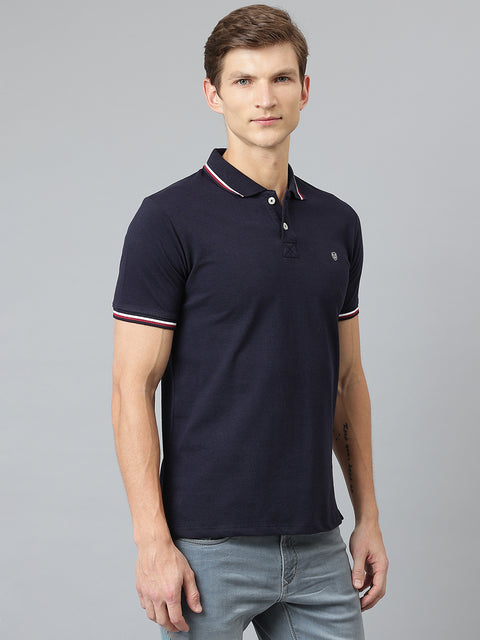 Men Navy Regular Fit Solid Polo Neck T-Shirt