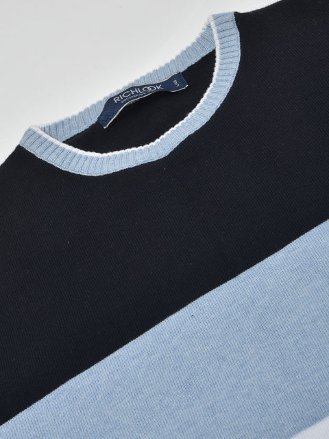 Men Navy Blue Regular Fit Round Neck Color Block Full Sleeve Sweater
