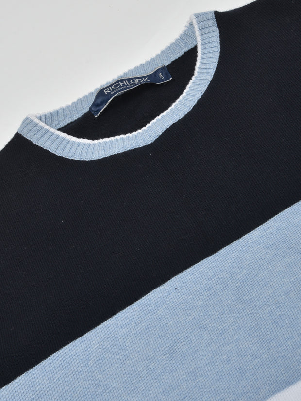 Men Navy Blue Regular Fit Round Neck Color Block Full Sleeve Sweater