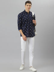 Men Navy Slim Fit Printed Casual Shirt
