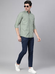 Men Green Slim Fit Checkered Casual Shirt