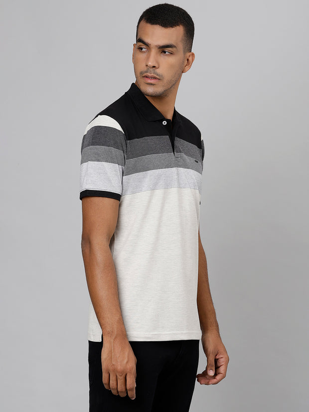 Men Ecru Regular Fit Striped Polo Neck T-Shirt