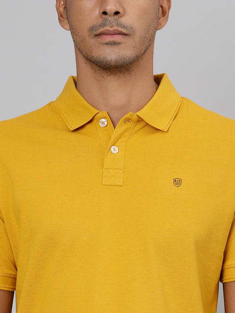 Men Mustard Regular Fit Solid Polo Neck T-Shirt