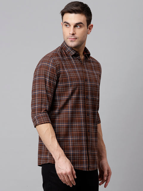 Men Brown Slim Fit Checkered Casual Shirt