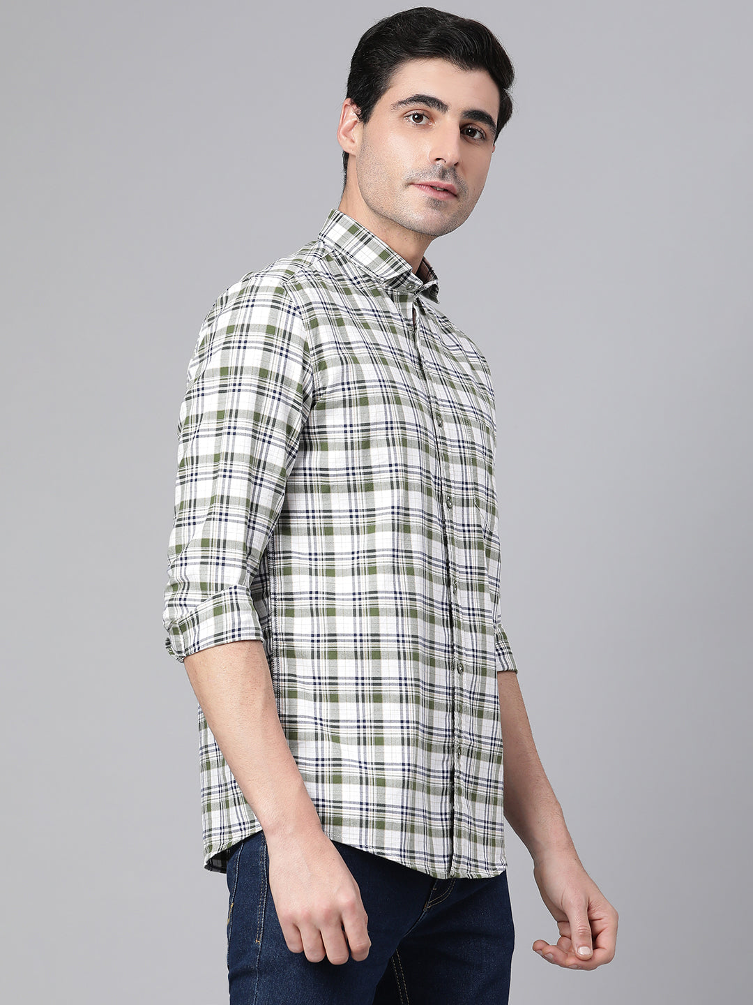 Men Olive Slim Fit Checkered Casual Shirt