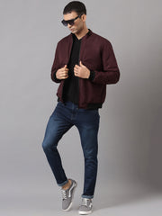 Men Maroon Regular Fit Bomber Solid Jacket