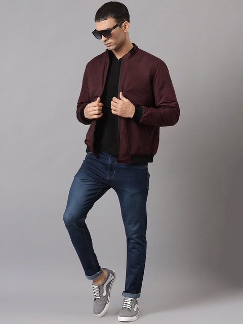 Men Maroon Regular Fit Bomber Solid Jacket