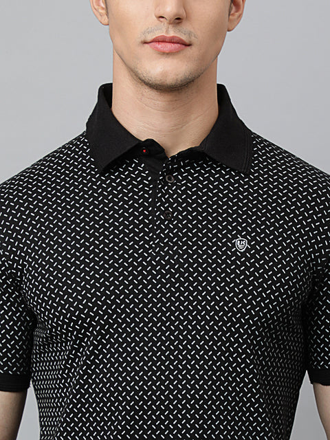 Men Black Regular Fit Printed Polo Neck T-Shirt