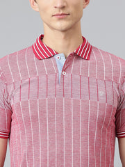 Men Red Regular Fit Striped Polo Neck T-Shirt