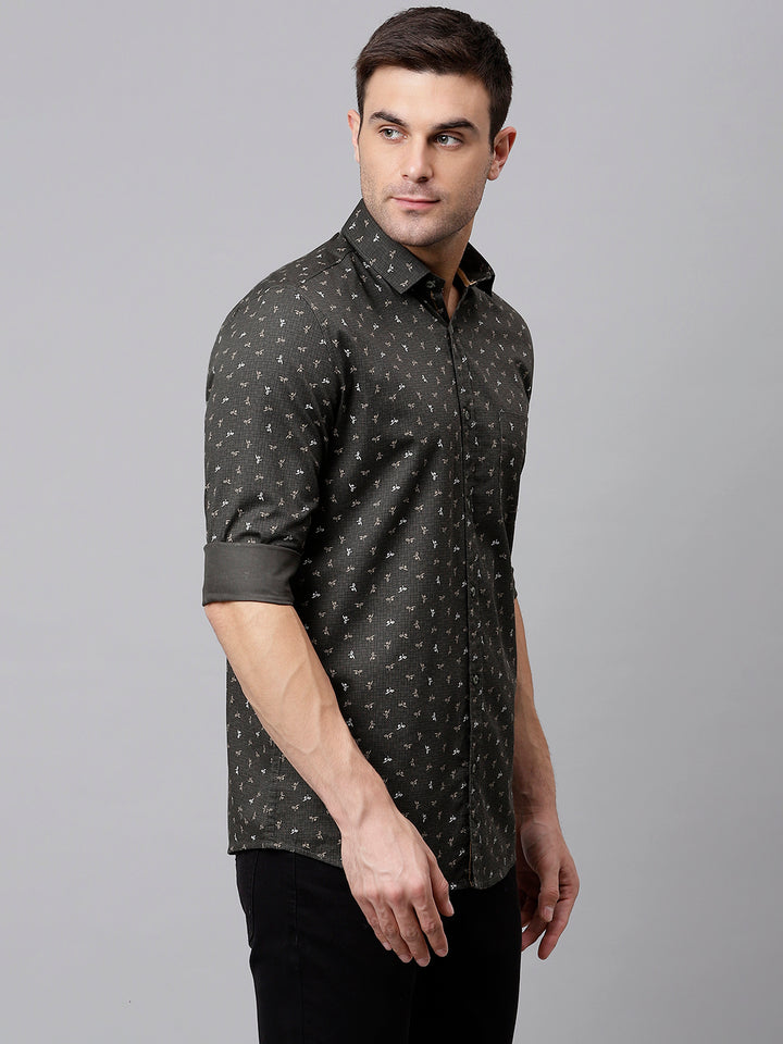 Men Olive Slim Fit Printed Casual Shirt