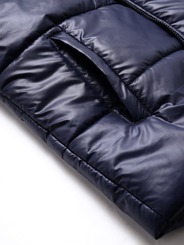 Men Navy Regular Fit Puffer Color Blocked Hooded Jacket