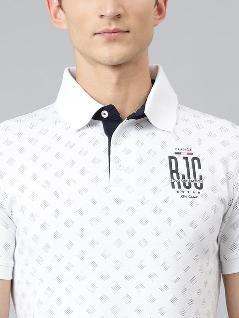 Men White Regular Fit Printed Polo Neck T-Shirt