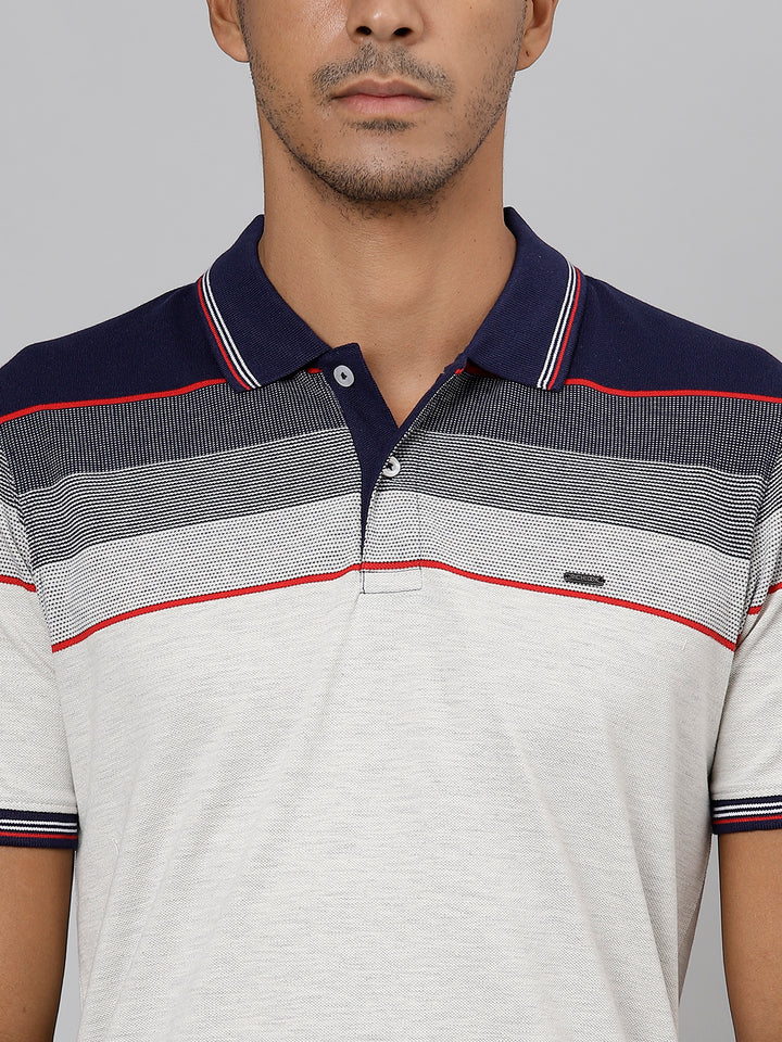 Men Navy Regular Fit Color Blocked Polo Neck T-Shirt