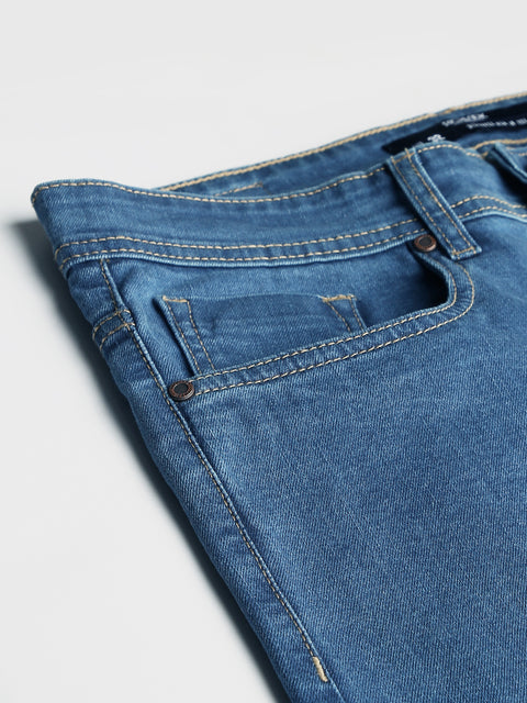 Men Mid Blue Regular Fit Mid Rise Clean Look Strechable Jeans