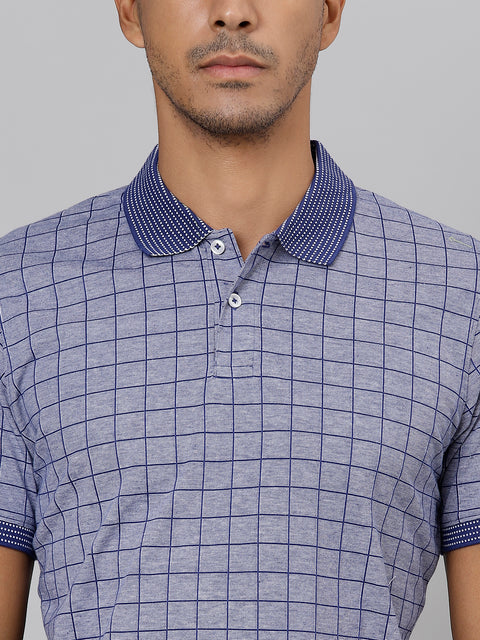 Men Blue Grey Regular Fit Checkered Polo Neck T-Shirt