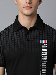 Men Black Regular Fit Checkered Polo Neck T-Shirt