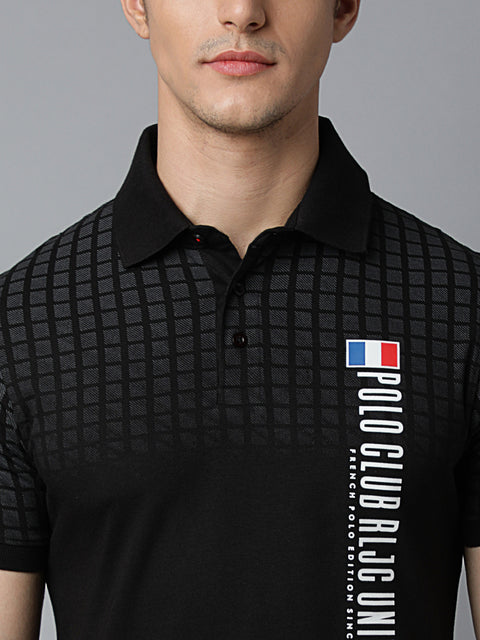 Men Black Regular Fit Checkered Polo Neck T-Shirt