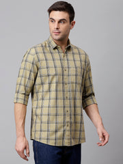 Men Light Khaki  Slim Fit Checkered Casual Shirt