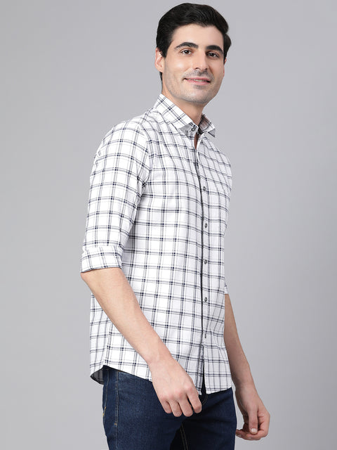 Men White Slim Fit Checkered Casual Shirt
