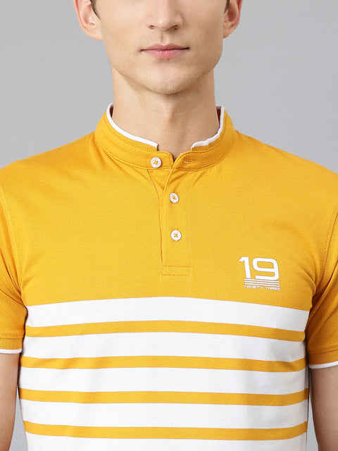 Men Mustard Regular Fit Striped Polo Neck T-Shirt
