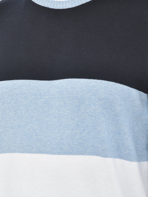 Men Navy Blue Regular Fit Round Neck Color Block Full Sleeve Sweater