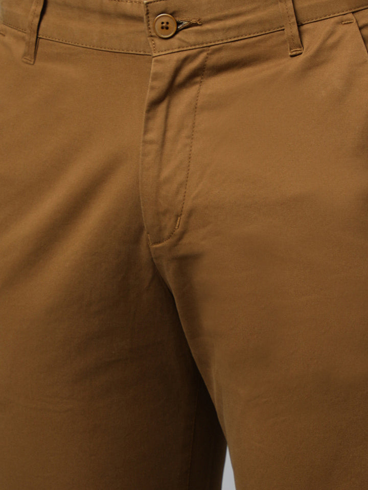 Men Dark Khaki  Slim Fit Mid Rise Solid Casual Trouser