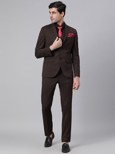 Men Brown 3 Piece Solid Formal Suit