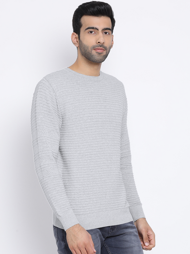 Men Light Grey Regular Fit Round Neck Full Sleeve Sweater