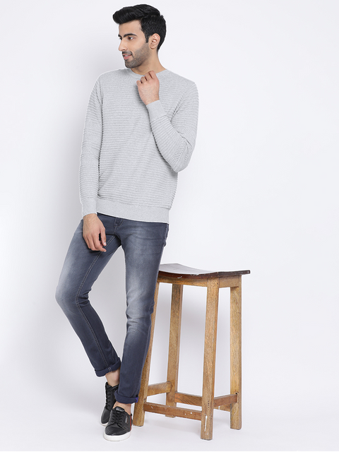Men Light Grey Regular Fit Round Neck Full Sleeve Sweater